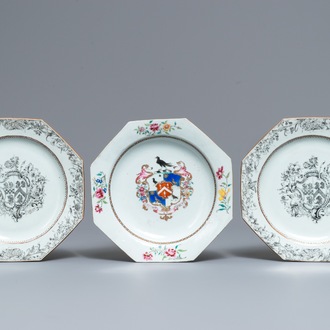 A pair of Chinese octagonal grisaille Birckbeck armorial plates and a famille rose 'Laroche' plate, Qianlong