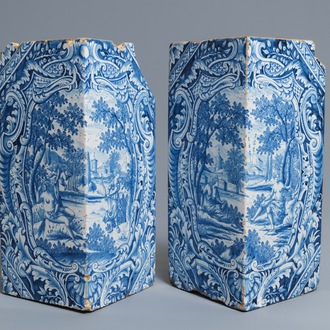 A pair of blue and white mythological subject corner tiles for a stove, Hamburg, Germany, 18th C.