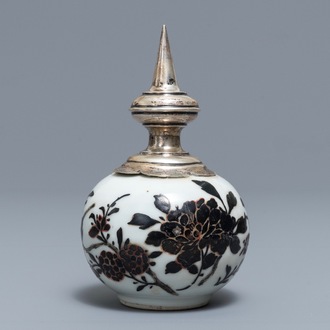 A Chinese iron red and overglaze black silver-mounted vase, 19th C.