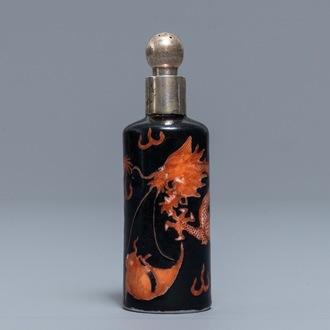 A Chinese silver-mounted famille noire 'dragon' snuff bottle, Qianlong/Jiaqing