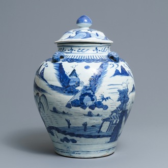 A large Chinese blue and white landscape vase and cover, Wanli