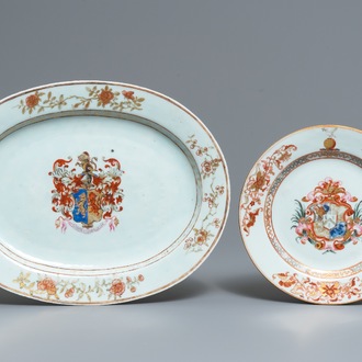 Two Chinese famille rose armorial English market dishes, Yongzheng/Qianlong