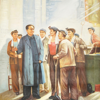 Chinese Cultural Revolution school: Charmain Mao speaking to workers, oil on canvas, 3rd quarter 20th C.