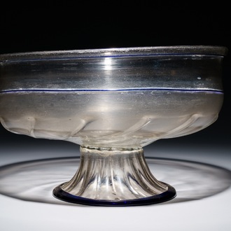 A large Venetian footed glass bowl with applied blue bands, Italy, 15/16th C.