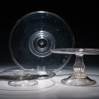 Two glass tazza's on low foot and one taller model, England, 17/19th C.