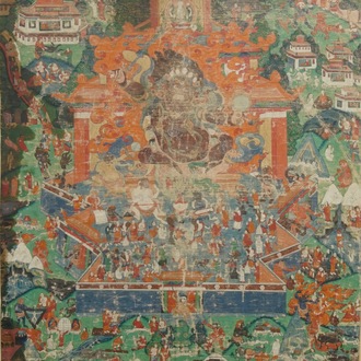 Een Sino-Tibetaanse thangka met decor van 'Mahakala', 18/19e eeuw