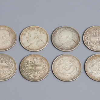 Huit pièces de monnaie en argent, Chine, 19/20ème