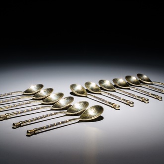 Twelve parcel-gilt silver and niello spoons, Russia, 19/20th C.