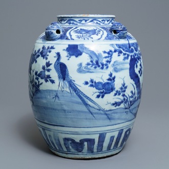 A large Chinese blue and white jar with birds in a landscape, Wanli