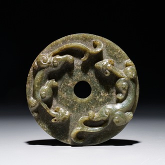 A Chinese dark green jade bi disc with chilong, 19/20th C.