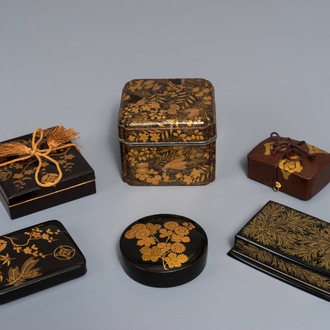 Six Japanese lacquer boxes and covers, Meiji/Showa, 19/20th C.