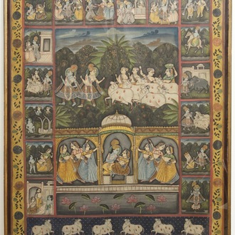 Nathdwara school, Rajasthan, India: Krishna en Radha, pigmenten met goudophoging op textiel, 19/20e eeuw