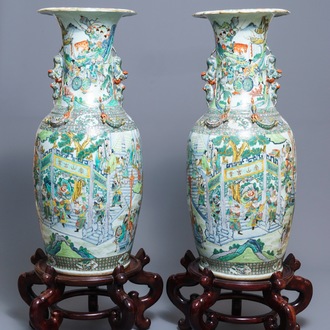 A pair of very large Chinese famille verte vases with fine narrative design, 19th C.