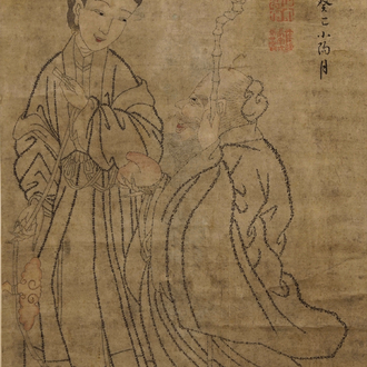 Chu (Zhu) Shang: Mei Shou Tu (Schoonheid, lang leven en schilderkunst), inkt en kleur op papier, gedat. 1773
