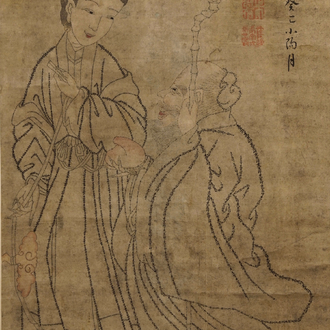 Chu (Zhu) Shang: Mei Shou Tu (Beauty, longevity and painting), ink and colour on paper, dated 1773