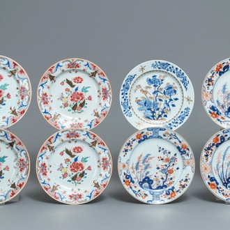Huit assiettes en porcelaine de Chine famille rose et de style Imari, Qianlong