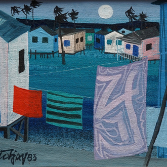 Tio Tjay (Indonésie, 1946): Maisons de plage, huile sur panneau, datée 1983