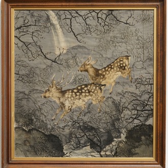 Chinese school: Two deer in a landscape, ink and colour on textile, 20th C.