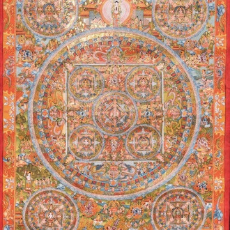 A large and fine inscribed 'mandala' thangka with decorated back, Tibet, 19th C.