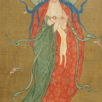 Chinese school: The goddess Guanyin standing, ink and colour on paper, 18/19th C.