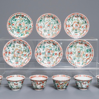 Six lobed Chinese famille verte cups and saucers with roosters among flowers, Kangxi