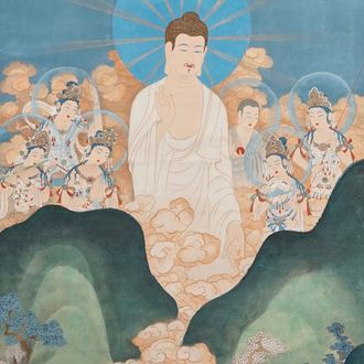 Ji Kang (1911-2007): Guanyin surrounded by tutelars, watercolour and ink on paper mounted on scroll, 20th C.