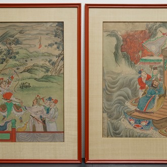 Chinese school: Twee hofscènes, inkt en kleur op zijde, 18/19e eeuw