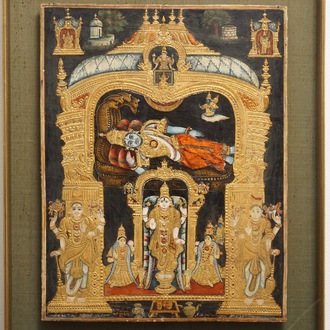 Thanjavur school, Zuid-India: Vishnu rustend op Ananta-Shesha, pigment en bladgoud op textiel, 19/20e eeuw