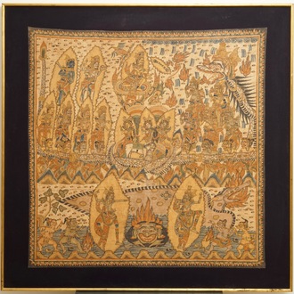 Ecole indonésienne: Une scène du Ramayana, encre et couleur sur tissu d'écorce, 19/20ème