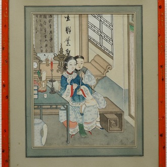 Chinese school: A couple lighting the opium pipe, ink and colour on paper, 18/19th C.