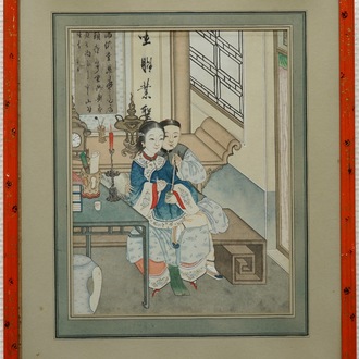 Ecole chinoise: Un couple allumant la pipe à opium, encre et couleur sur papier, 18/19ème