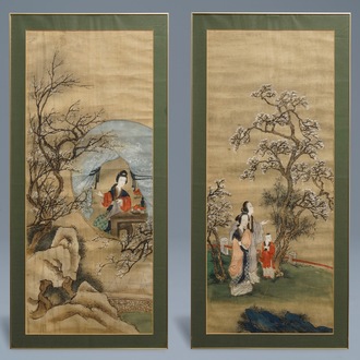 Chinese school: Two landscapes with ladies and peonies, ink and colour on silk, 18/19th C.