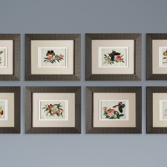 Eight Chinese Canton rice paper paintings with flowers and butterflies, 19th C.