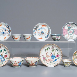 Six tasses et soucoupes en porcelaine de Chine famille rose et de style Imari, 18ème