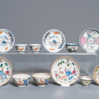 Six various Chinese famille rose and Imari-style cups and saucers, 18th C.