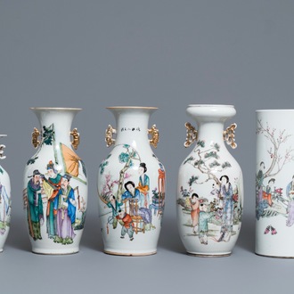 Five Chinese famille rose and qianjiang cai vases, 19/20th C.