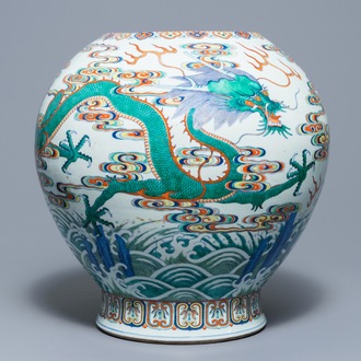 An exceptional Chinese imperial doucai 'dragon' vase, Qianlong seal mark and of the period