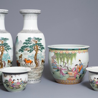 A pair of Chinese 'nine horses' vases and three famille rose jardinières, Republic, 20th C.