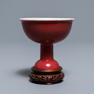 A Chinese monochrome ruby red stem cup, 19th C.