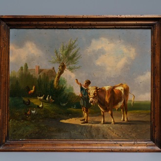 Albertus Verhoesen (1806-1881): Jeune homme et taureau, huile sur panneau, signé et daté 1860