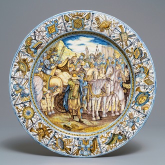 A large Italian maiolica 'Alexander the Great' armorial charger, Francesco Grue workshop, Castelli, 17th C.