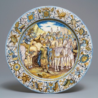 A large Italian maiolica 'Alexander the Great' armorial charger, Francesco Grue workshop, Castelli, 17th C.