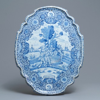 A large Dutch Delft blue and white biblical subject plaque, 18th C.