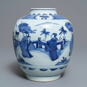 Une jarre en porcelaine de Chine bleu et blanc à décor de personnages, Wanli/Tianqi