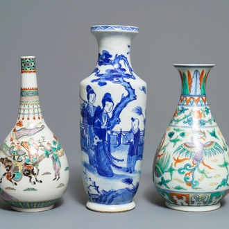 Three Chinese blue and white, doucai and famille verte vases, 19/20th C.