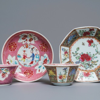 Two Chinese famille rose cups and saucers, Yongzheng/Qianlong