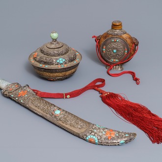 A Tibetan inlaid silver sword with jade hilt, a covered bowl and a flask, 19th C.