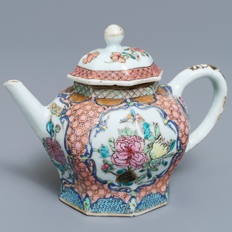 An octagonal Chinese famille rose teapot and cover, Yongzheng