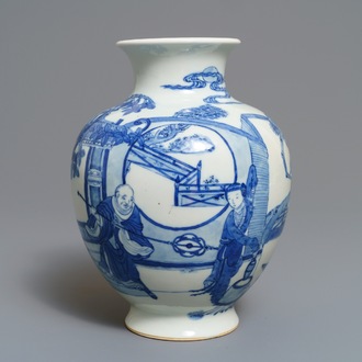 Un vase en porcelaine de Chine bleu et blanc à décor de 'La Romance de la chambre de l'ouest', 19ème