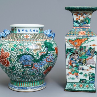 A square Chinese famille verte 'warriors' vase and a wucai 'mythical beasts' vase, 19th C.